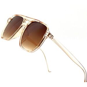 Aviator Sunglasses Square Frame Transparent Brown Lens Fashion Shades Lentes New